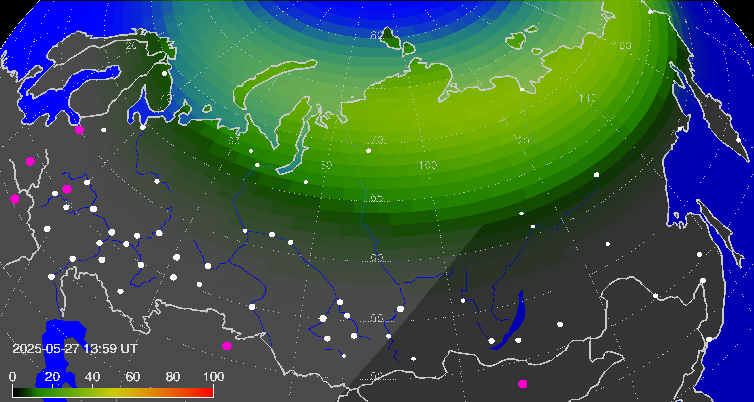 Northern lights (auroras) over Russian Federation