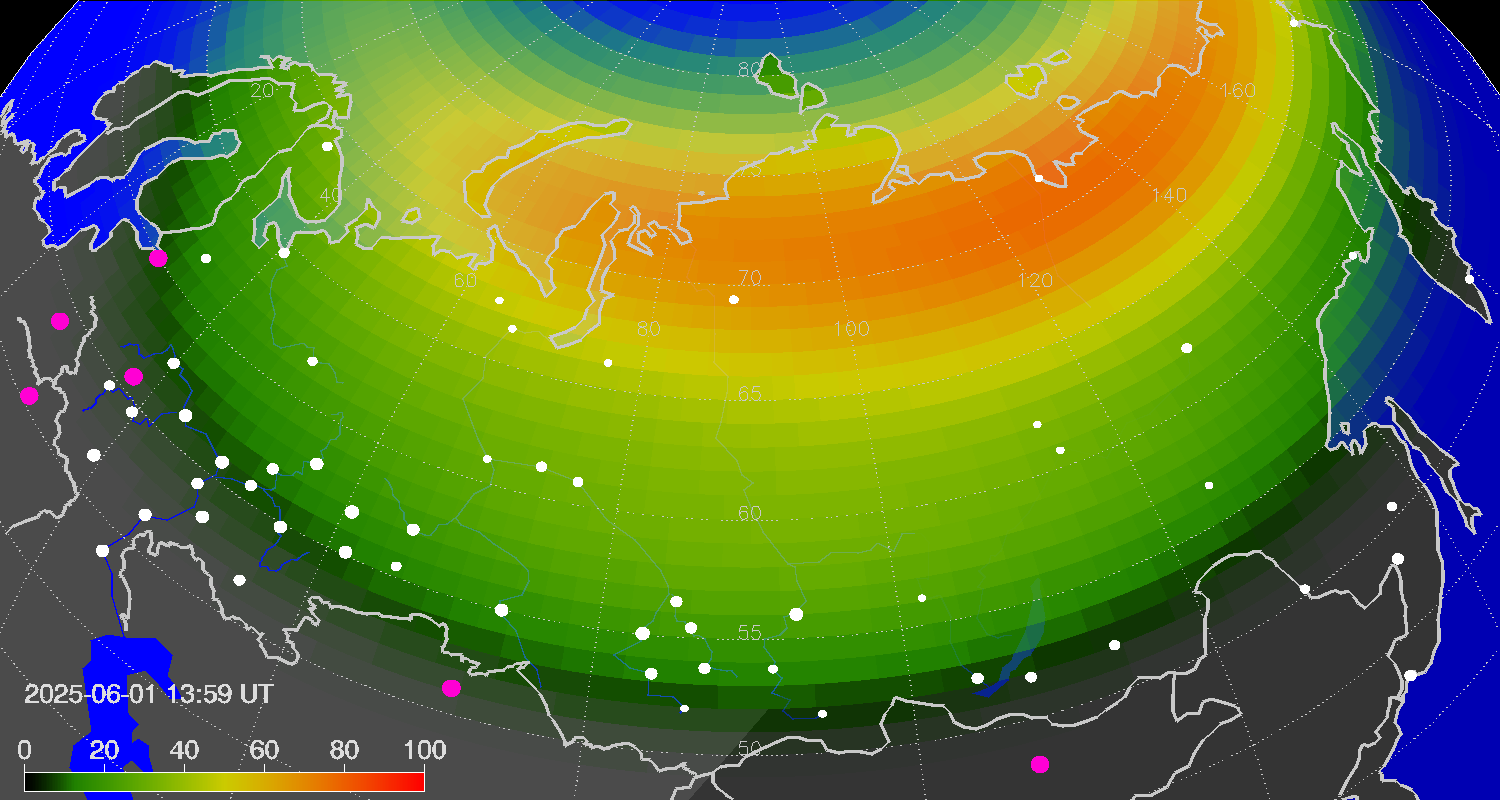 Northern lights (auroras) over Russian Federation