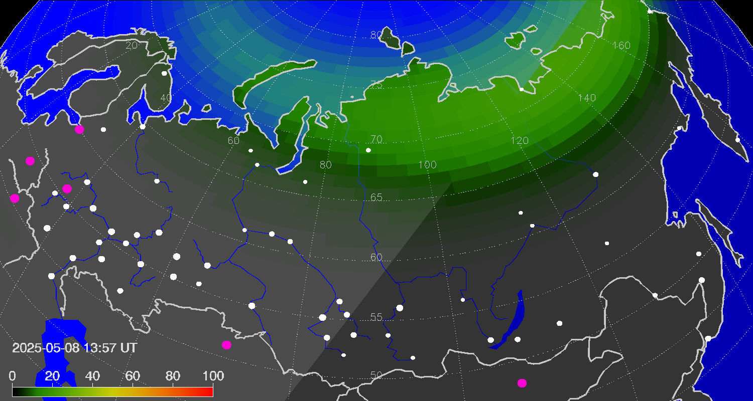 Northern lights (auroras) over Russian Federation