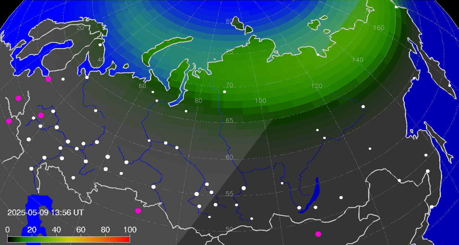 Northern lights (auroras) over Russian Federation