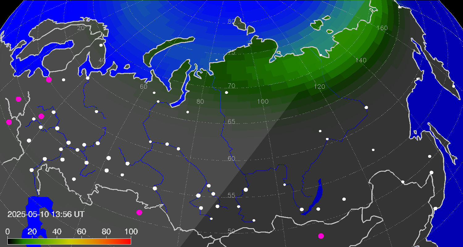 Northern lights (auroras) over Russian Federation