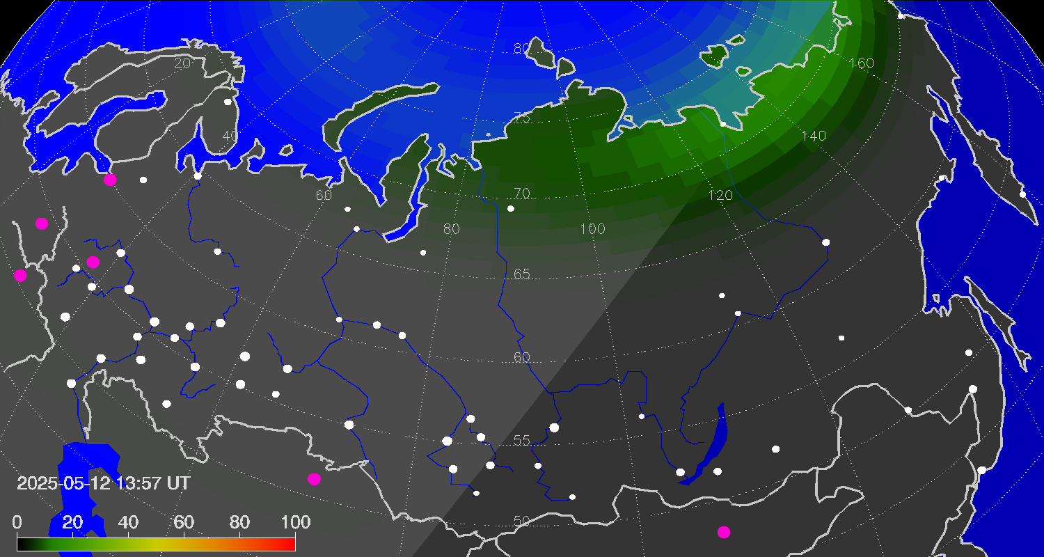 Northern lights (auroras) over Russian Federation