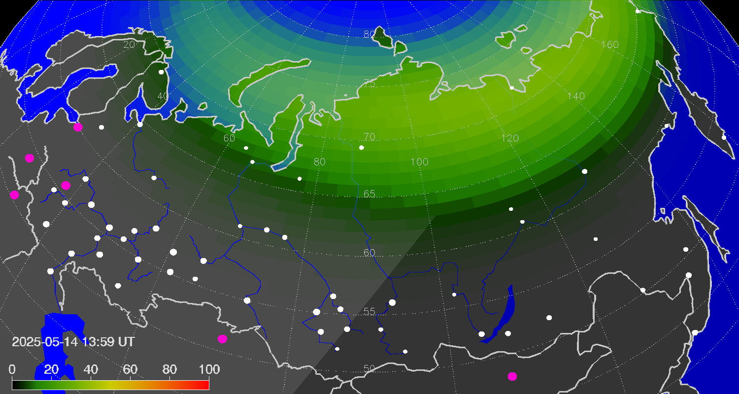 Northern lights (auroras) over Russian Federation