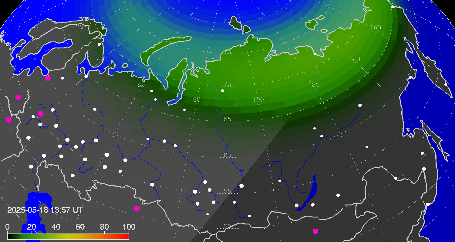 Northern lights (auroras) over Russian Federation