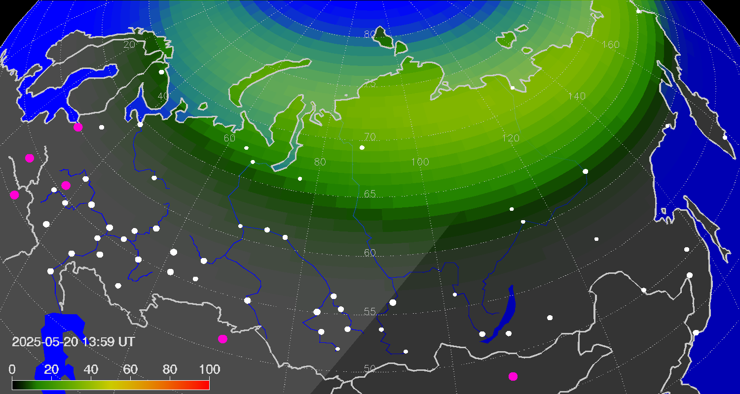 Northern lights (auroras) over Russian Federation