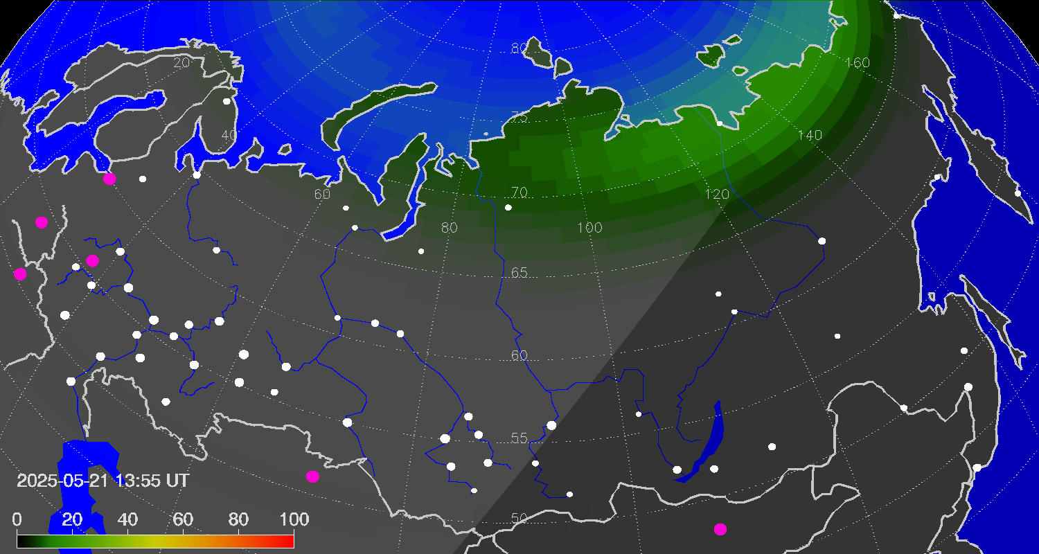 Northern lights (auroras) over Russian Federation