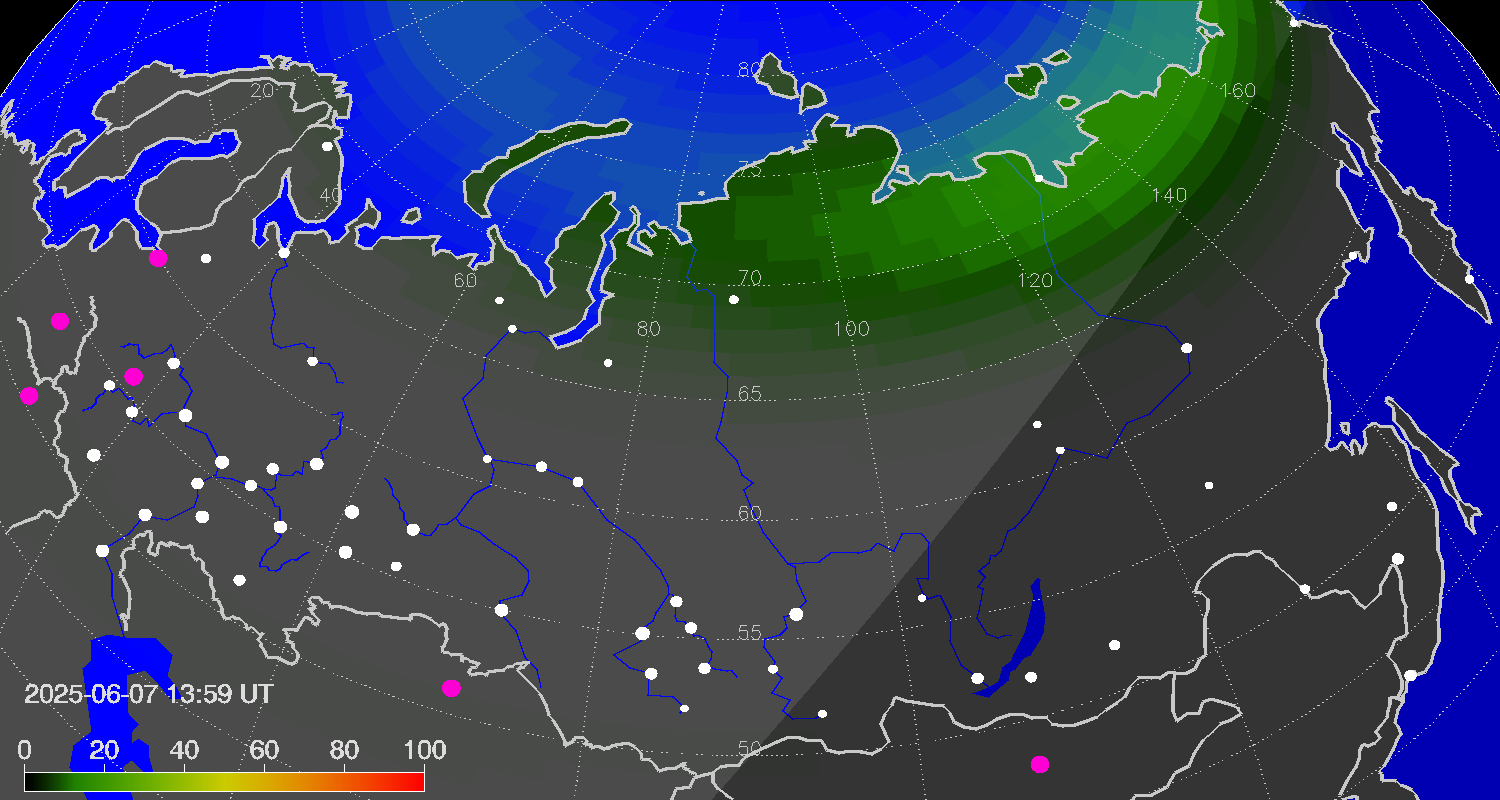 Northern lights (auroras) over Russian Federation