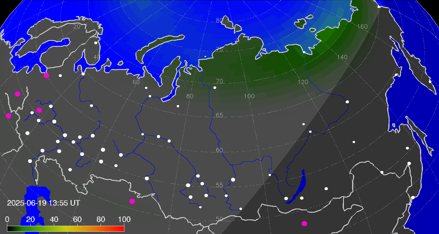 Northern lights (auroras) over Russian Federation
