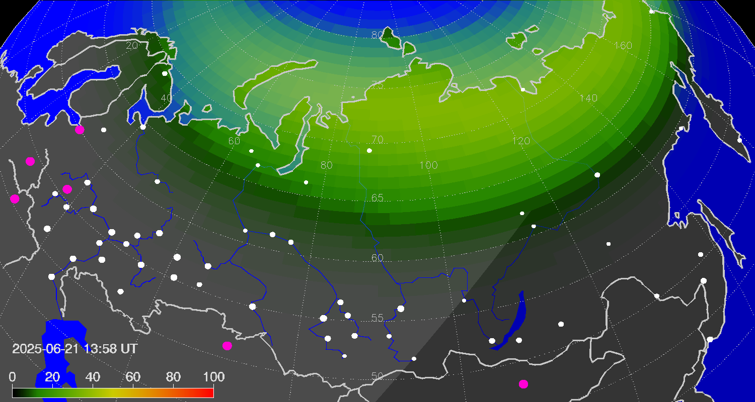 Northern lights (auroras) over Russian Federation