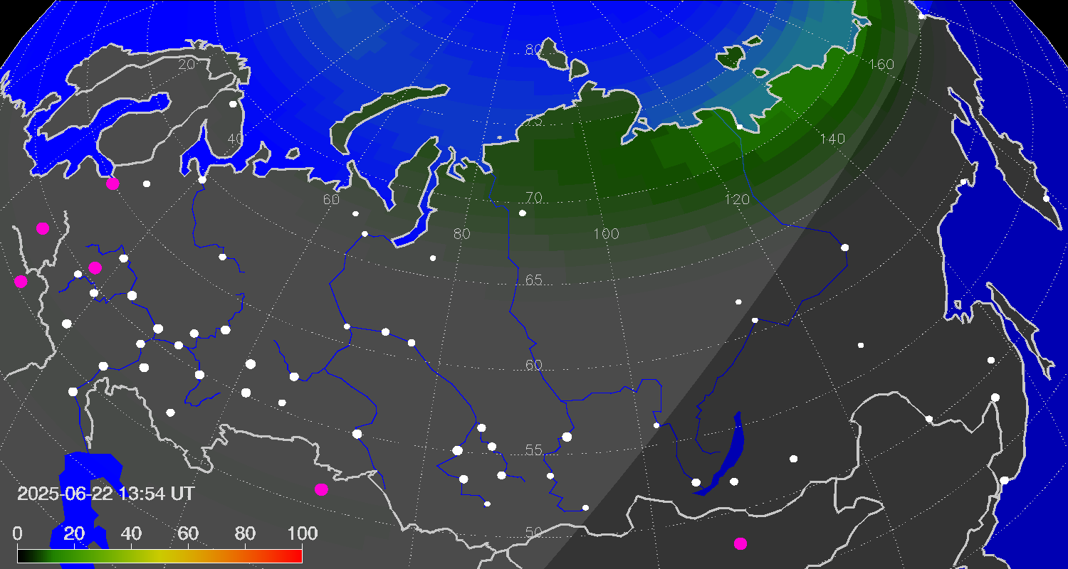 Northern lights (auroras) over Russian Federation