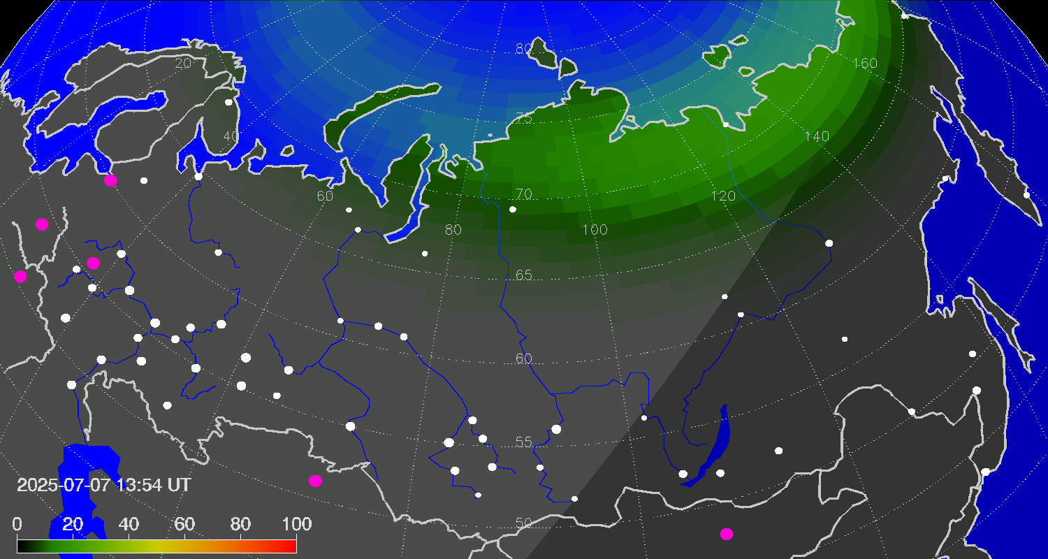Northern lights (auroras) over Russian Federation