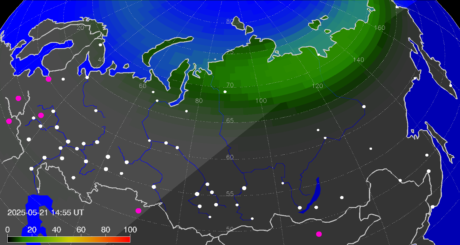 Northern lights (auroras) over Russian Federation