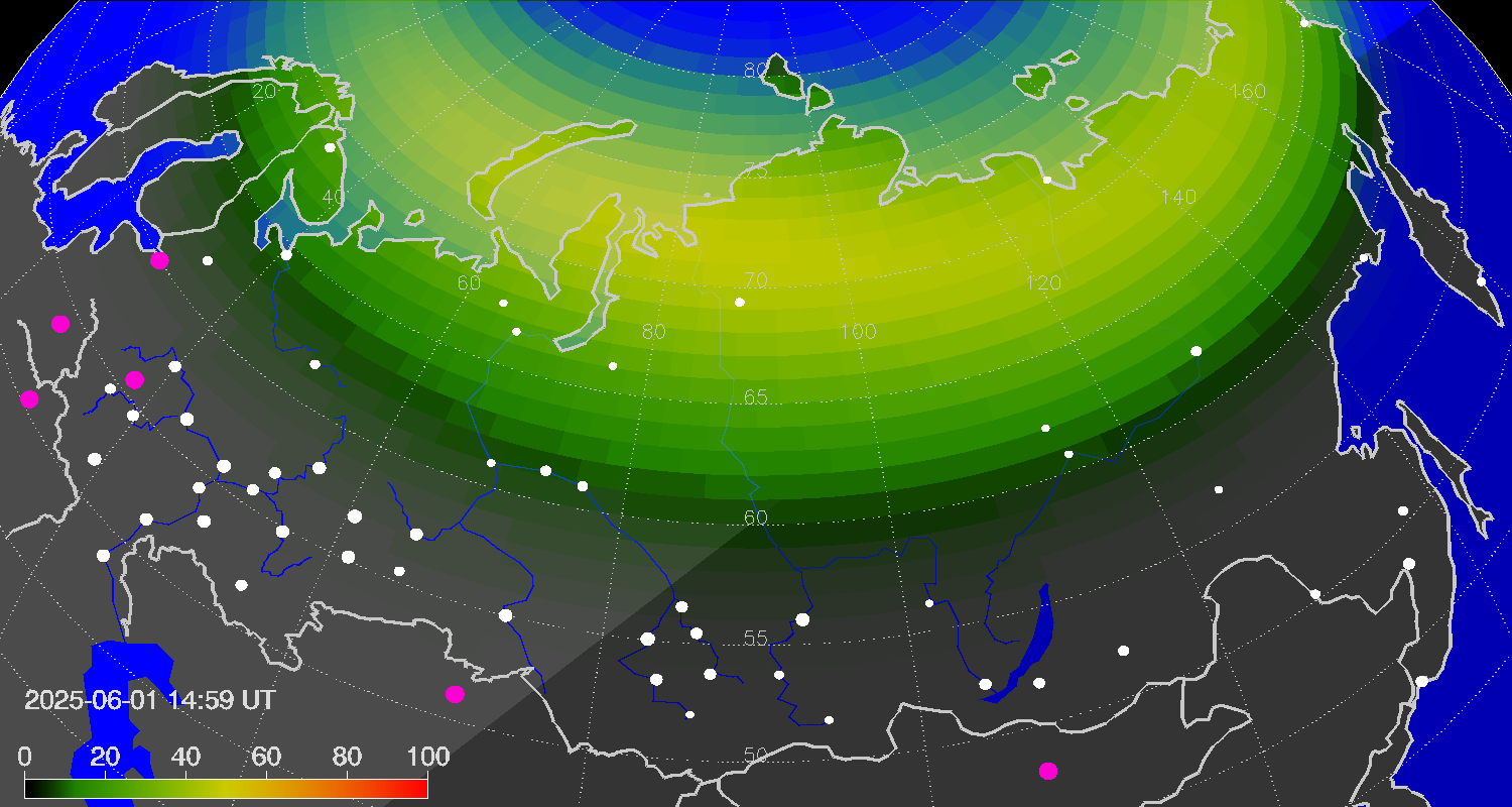 Northern lights (auroras) over Russian Federation