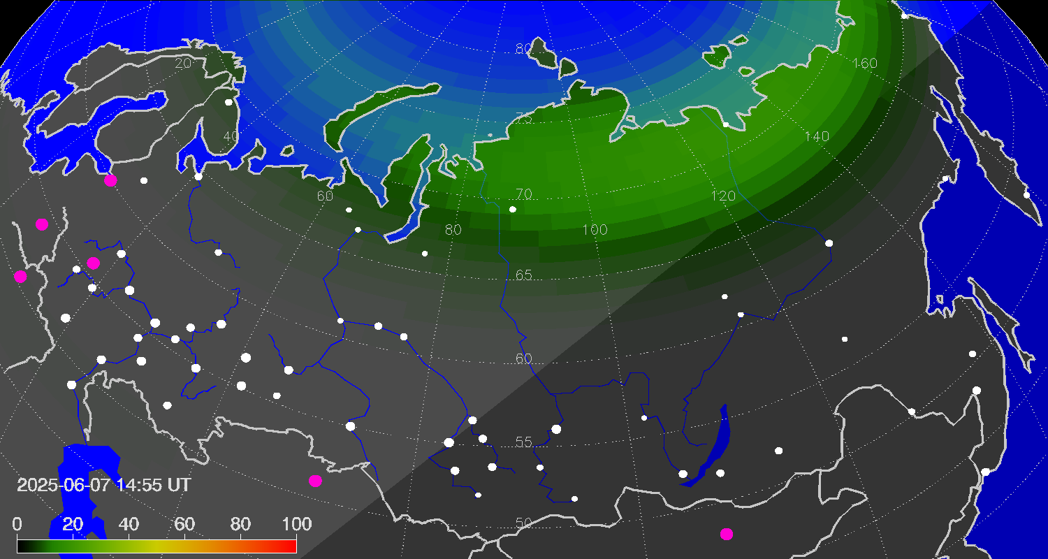 Northern lights (auroras) over Russian Federation