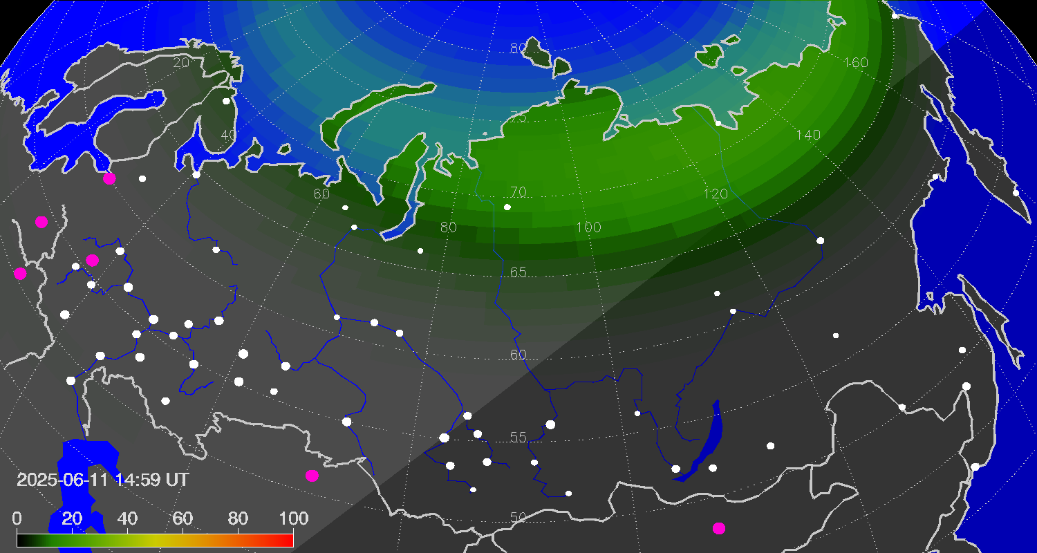 Northern lights (auroras) over Russian Federation