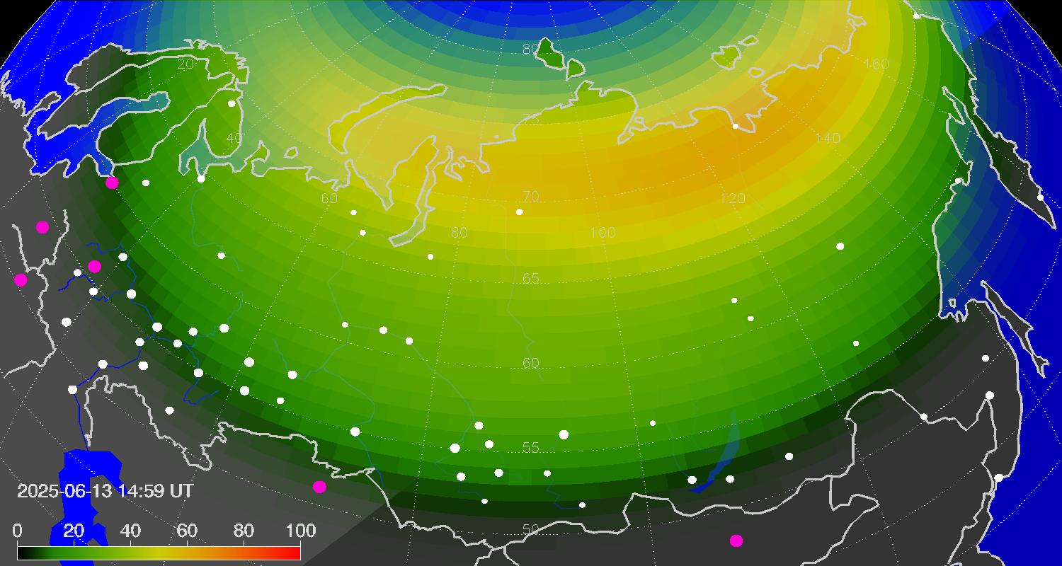 Northern lights (auroras) over Russian Federation
