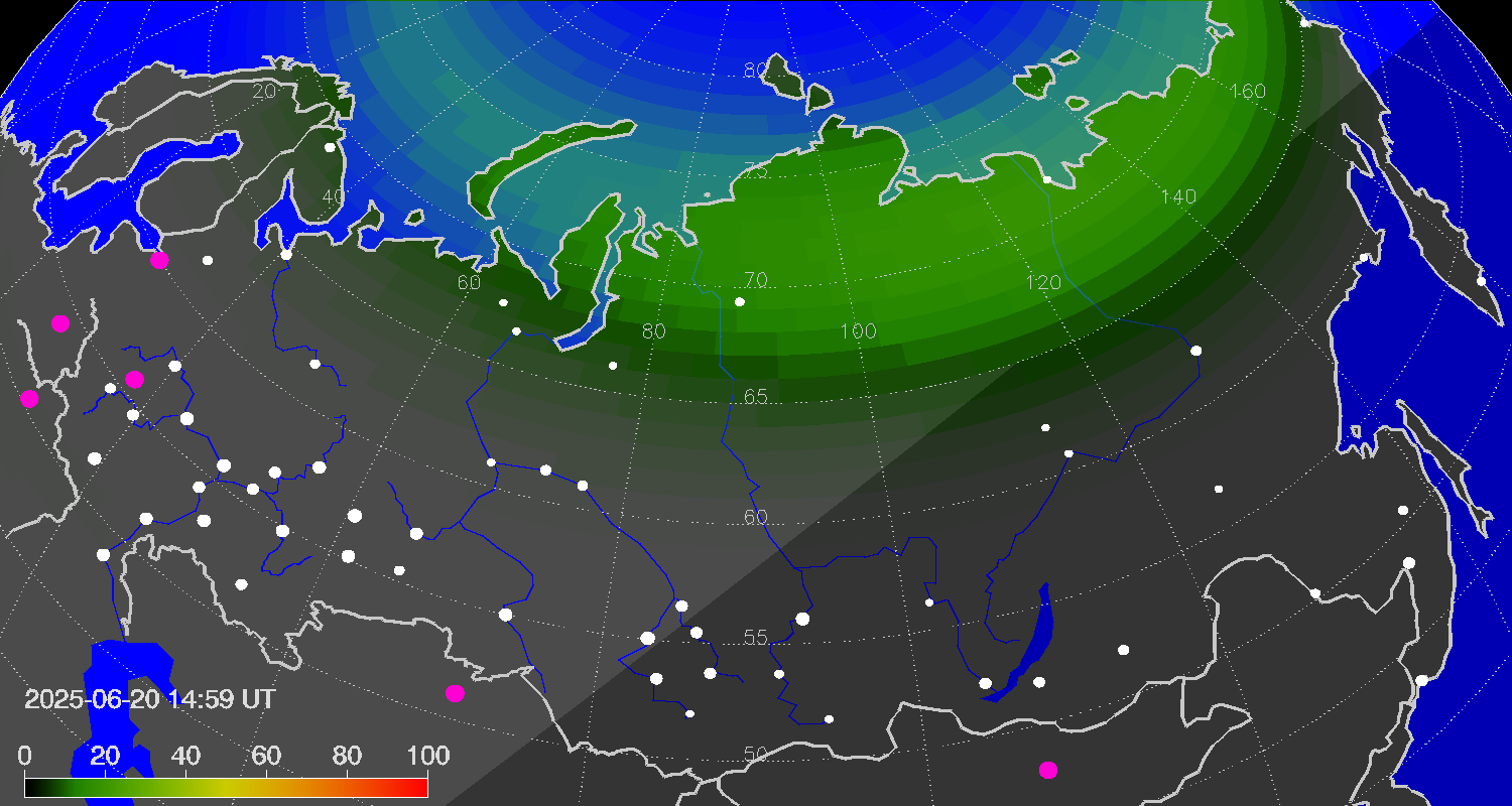 Northern lights (auroras) over Russian Federation