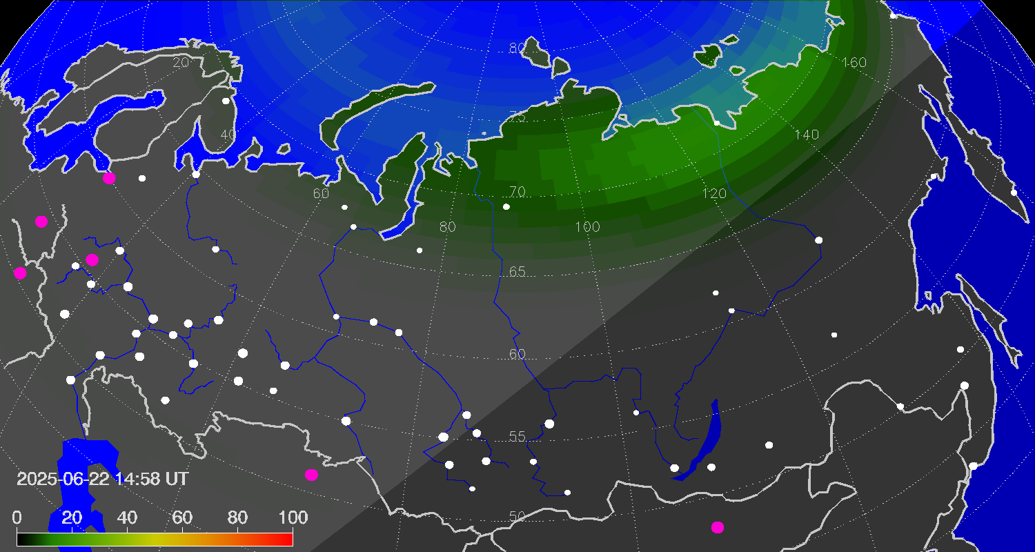 Northern lights (auroras) over Russian Federation