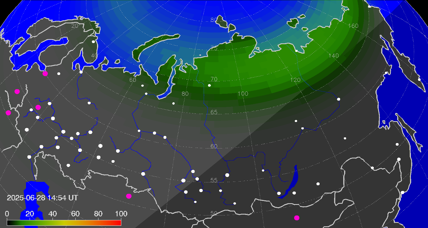 Northern lights (auroras) over Russian Federation