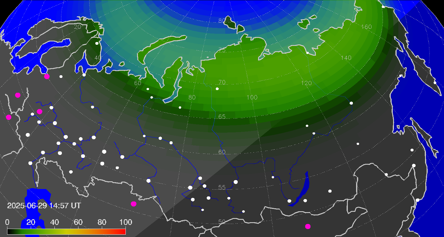 Northern lights (auroras) over Russian Federation