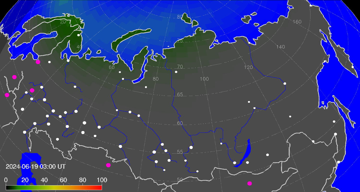 Зона полярных (северных) сияний над территорией РФ