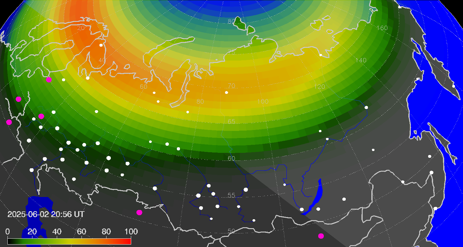 Northern lights (auroras) over Russian Federation