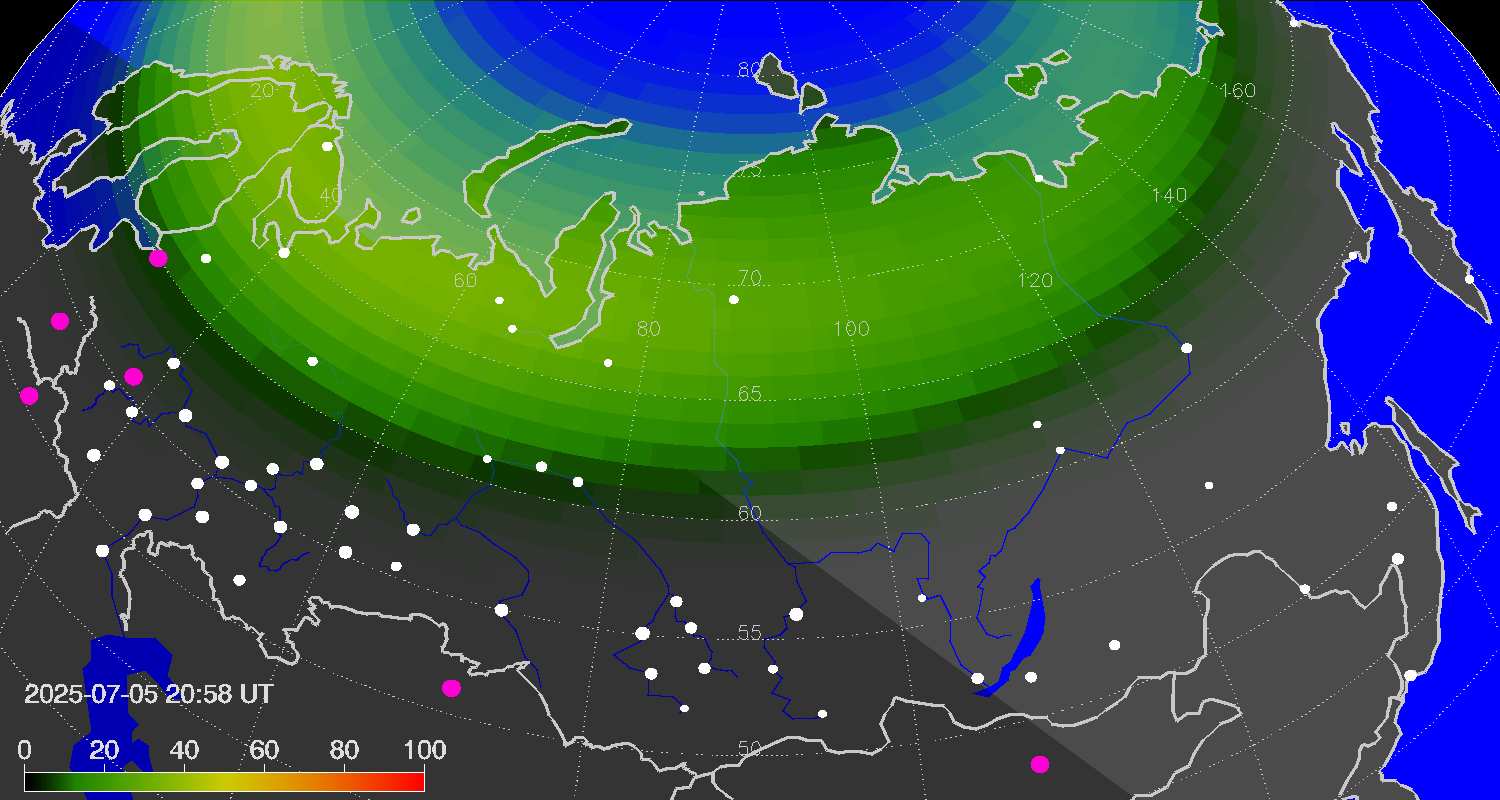 Northern lights (auroras) over Russian Federation