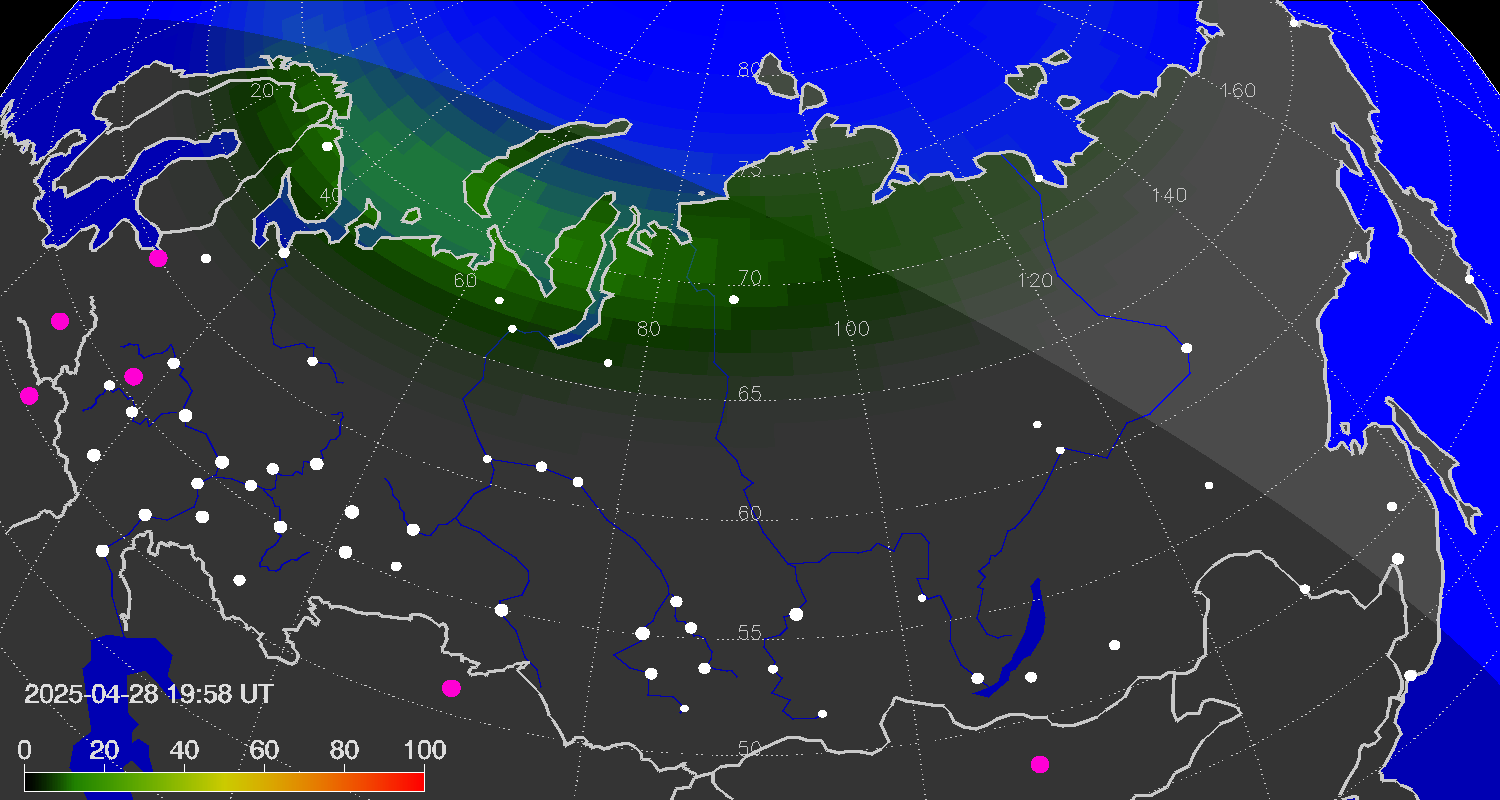 Northern lights (auroras) over Russian Federation