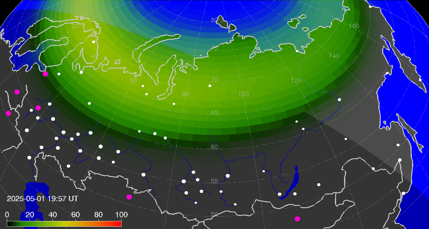 Northern lights (auroras) over Russian Federation