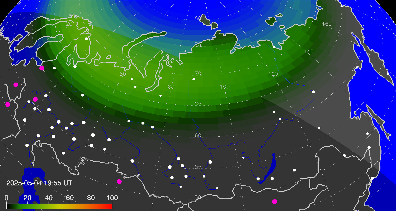 Northern lights (auroras) over Russian Federation