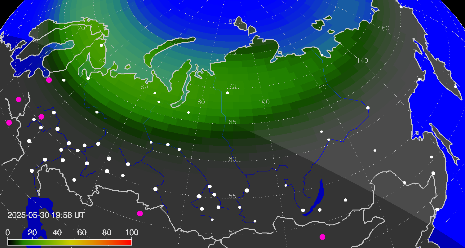 Northern lights (auroras) over Russian Federation