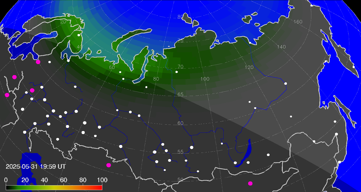 Northern lights (auroras) over Russian Federation