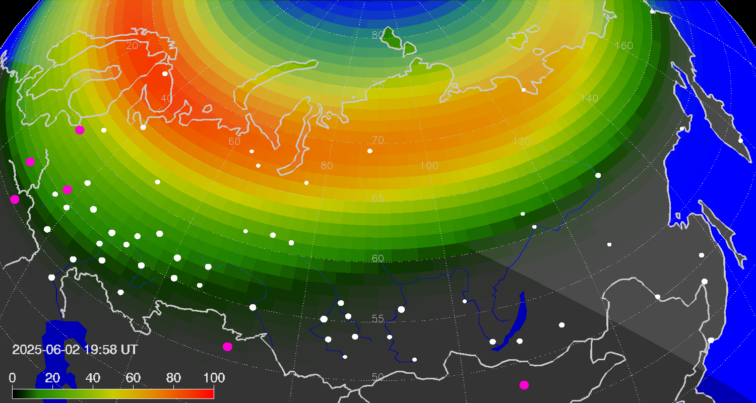 Northern lights (auroras) over Russian Federation
