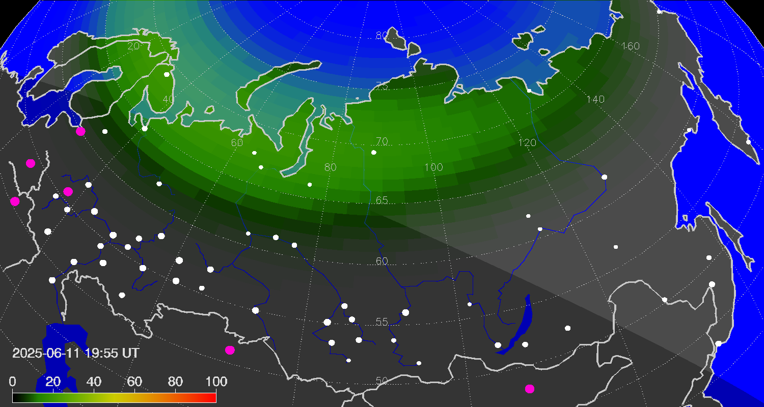Northern lights (auroras) over Russian Federation