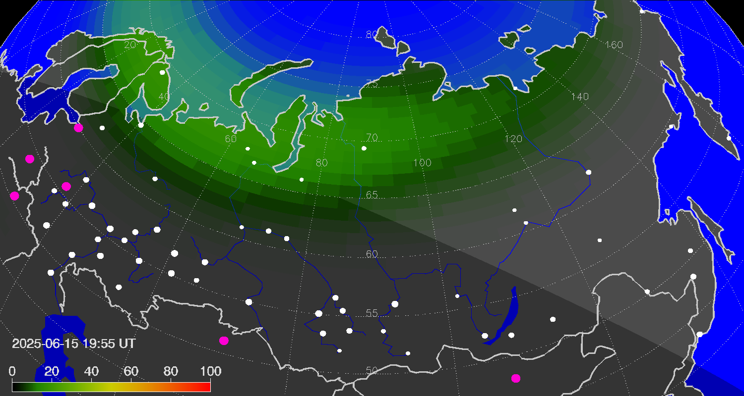 Northern lights (auroras) over Russian Federation