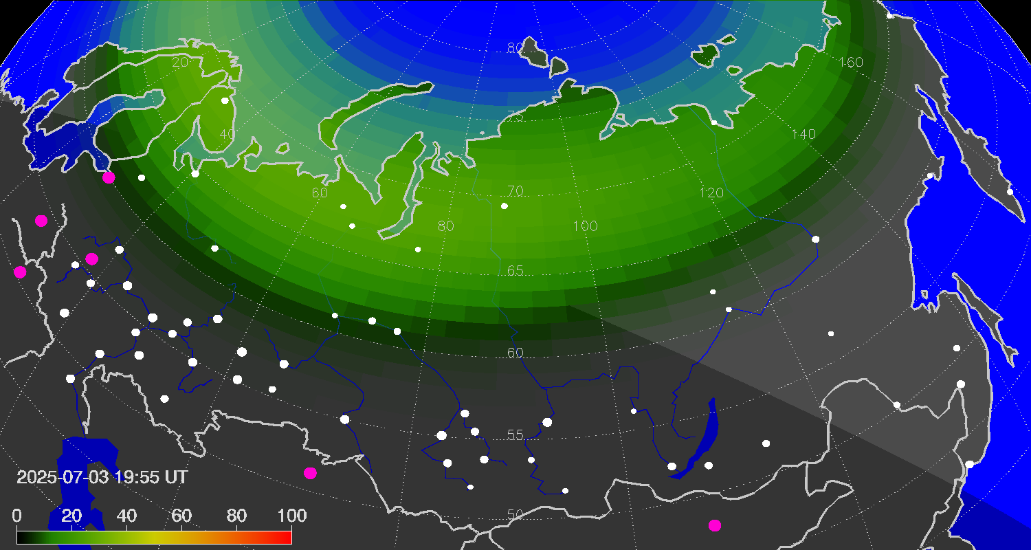Northern lights (auroras) over Russian Federation