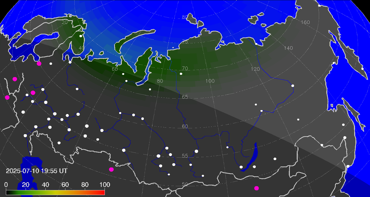 Northern lights (auroras) over Russian Federation