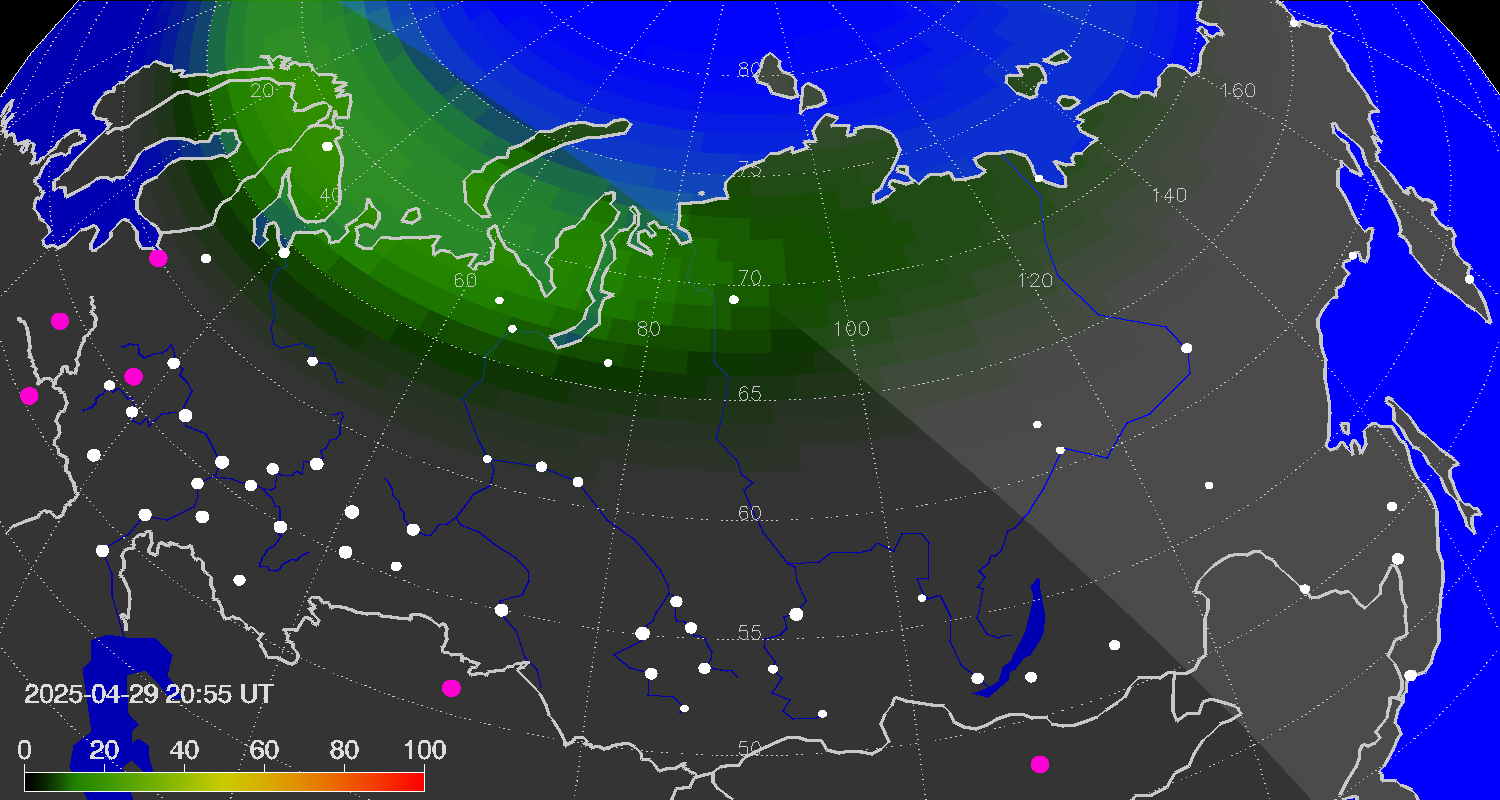 Northern lights (auroras) over Russian Federation