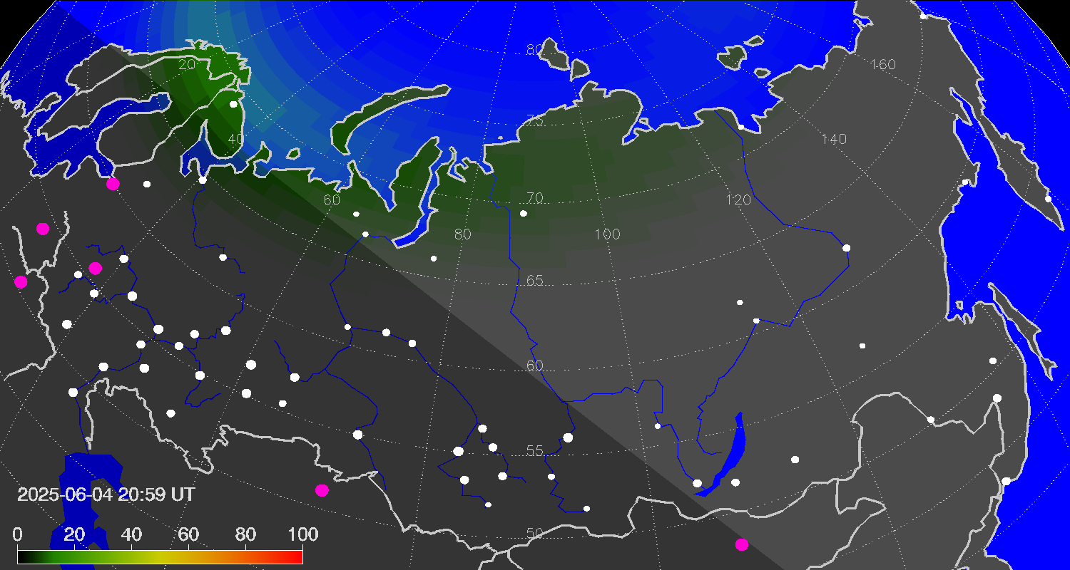 Northern lights (auroras) over Russian Federation