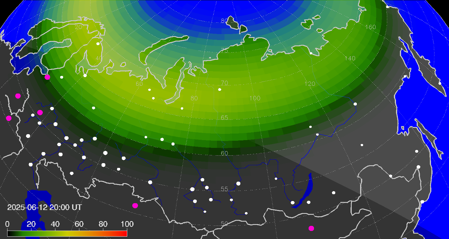 Northern lights (auroras) over Russian Federation