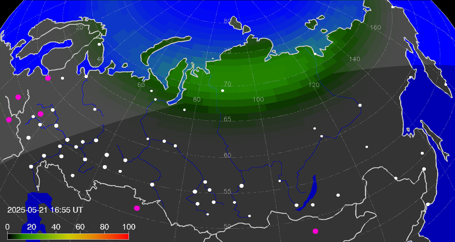 Northern lights (auroras) over Russian Federation
