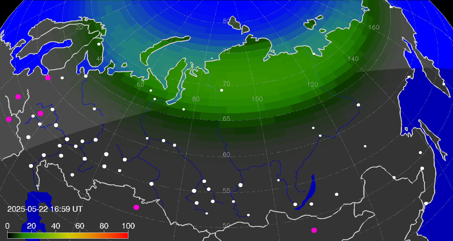 Northern lights (auroras) over Russian Federation