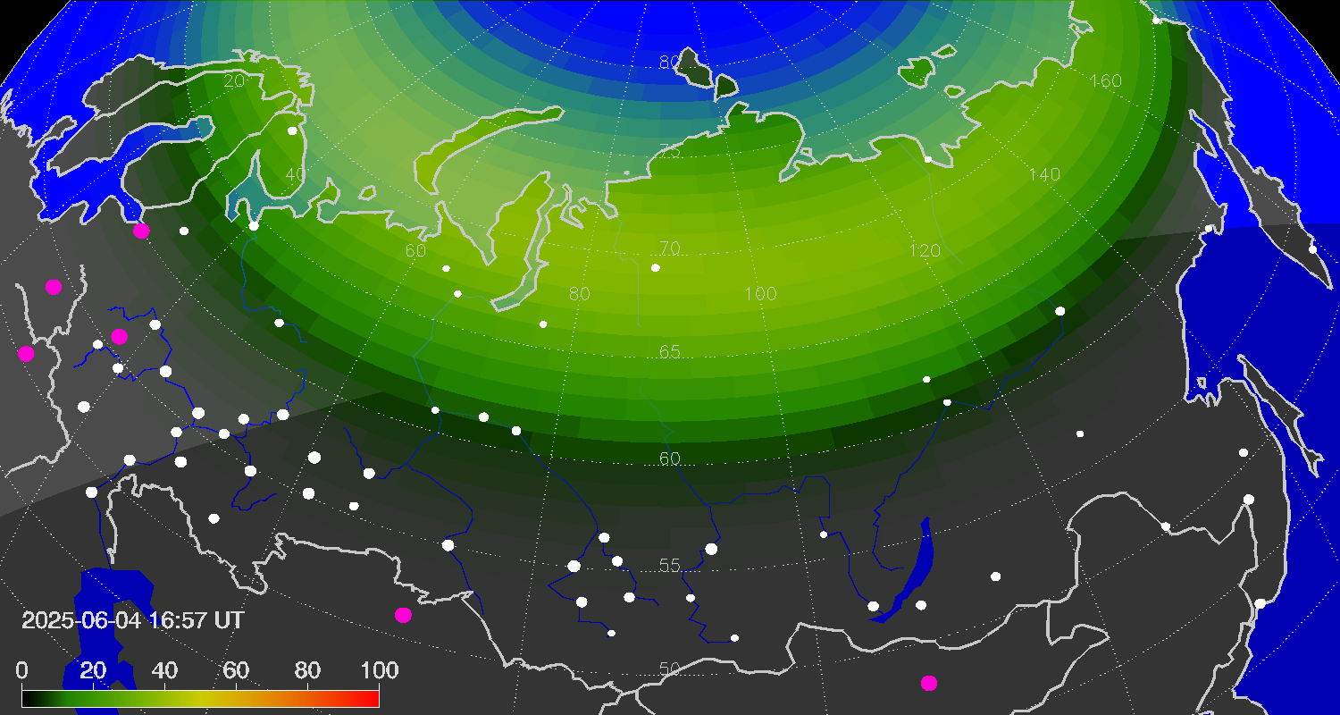 Northern lights (auroras) over Russian Federation