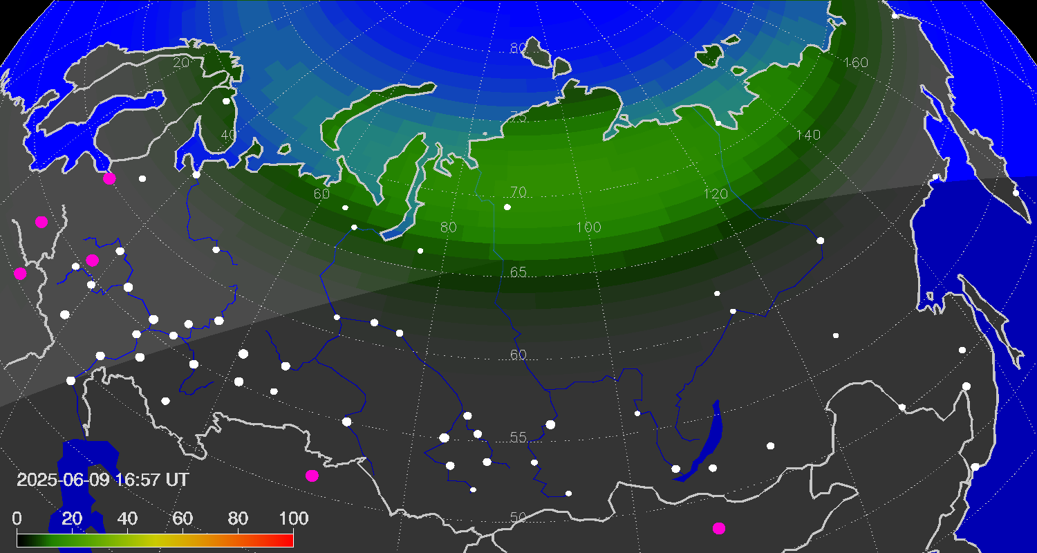 Northern lights (auroras) over Russian Federation