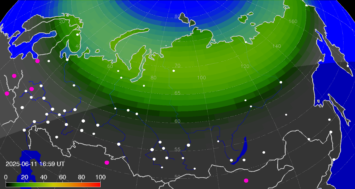 Northern lights (auroras) over Russian Federation