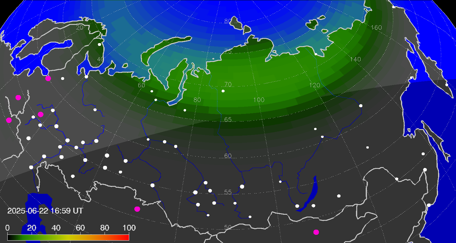 Northern lights (auroras) over Russian Federation