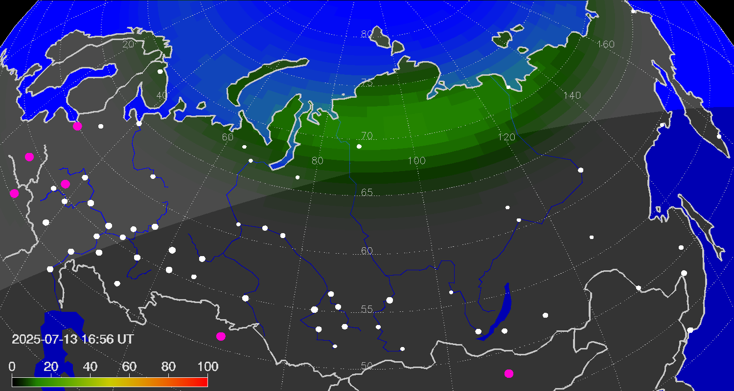 Northern lights (auroras) over Russian Federation