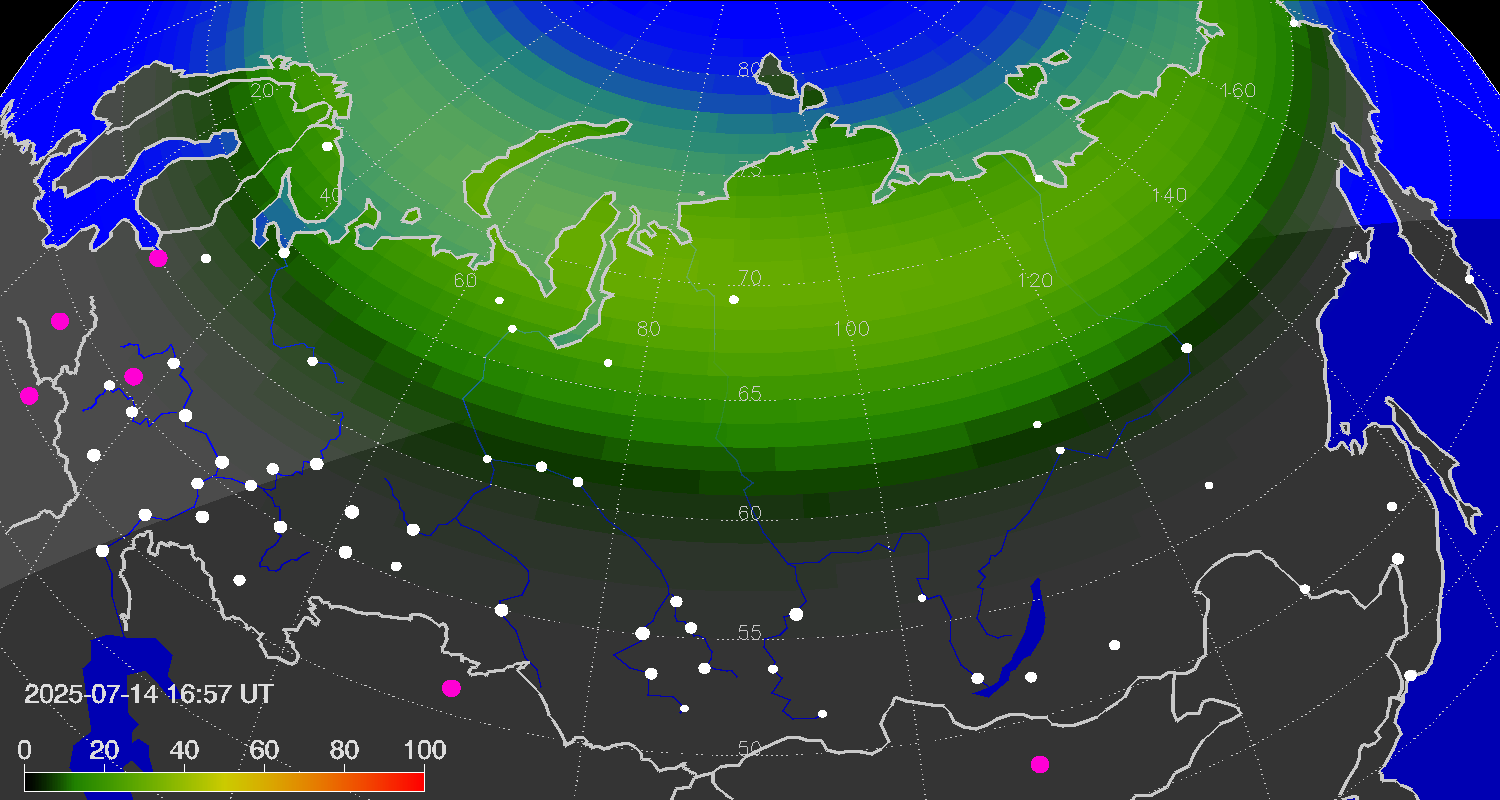 Northern lights (auroras) over Russian Federation