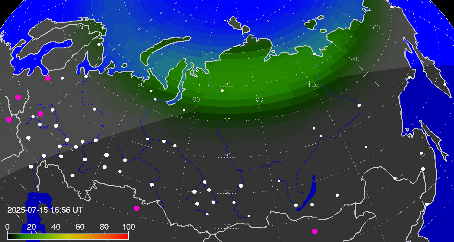 Northern lights (auroras) over Russian Federation