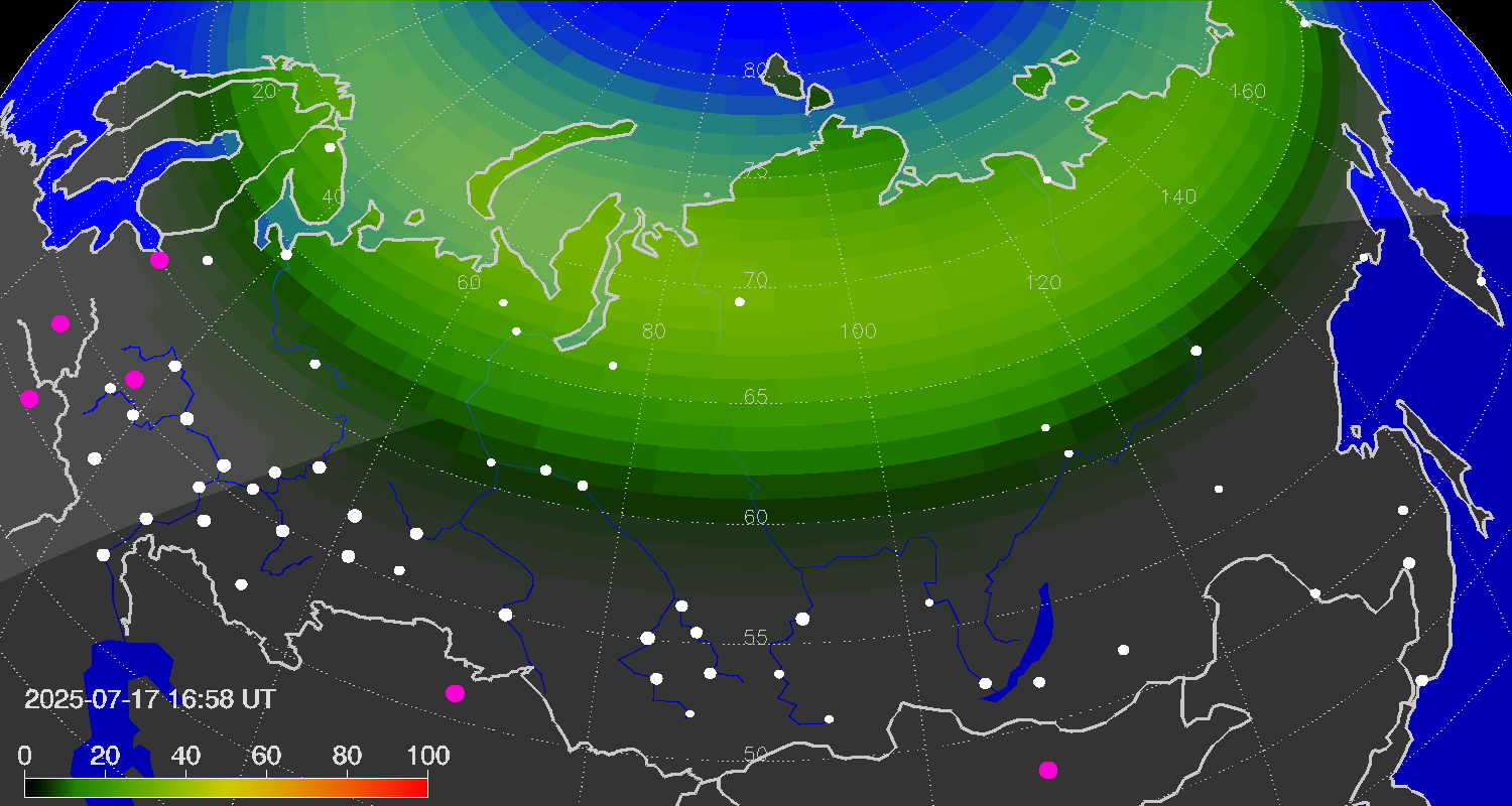 Northern lights (auroras) over Russian Federation